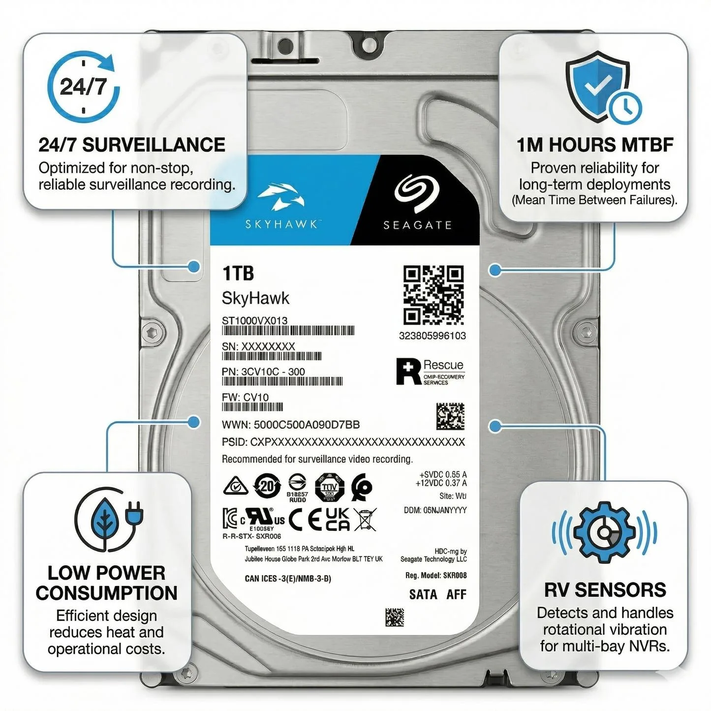 Seagate SkyHawk 1TB 3.5" SATA Surveillance Internal Hard Drive