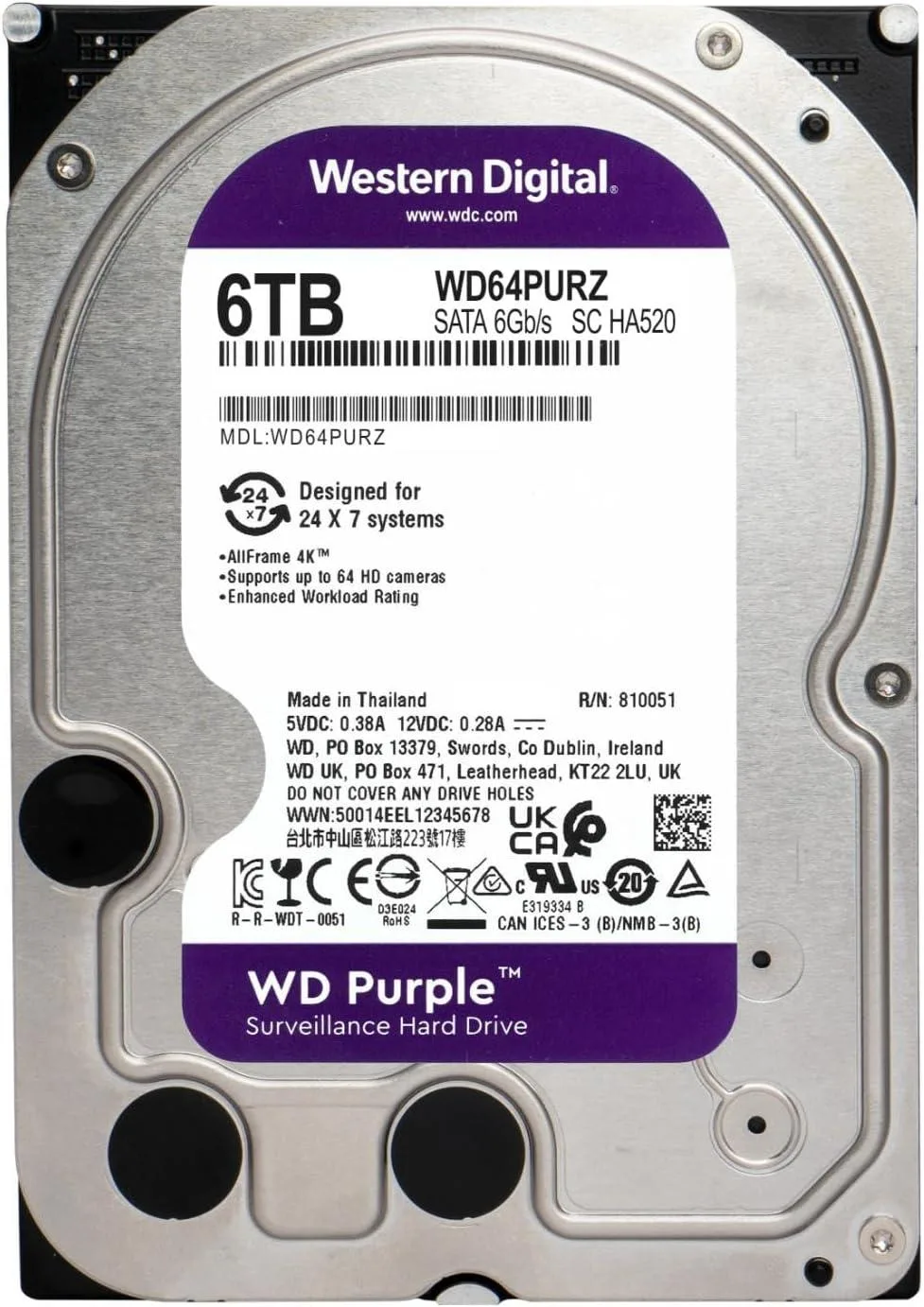 Western Digital WD Purple 6TB 3.5" SATA Surveillance Internal Hard Drive